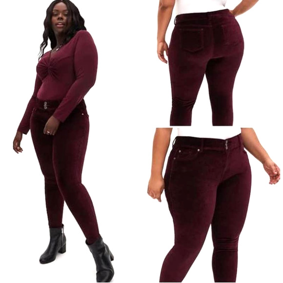 💜3/$25💜 Torrid 14 / 14W Short Velveteen Skinny Jean Burgundy Wine Velvet $88 - Picture 2 of 15